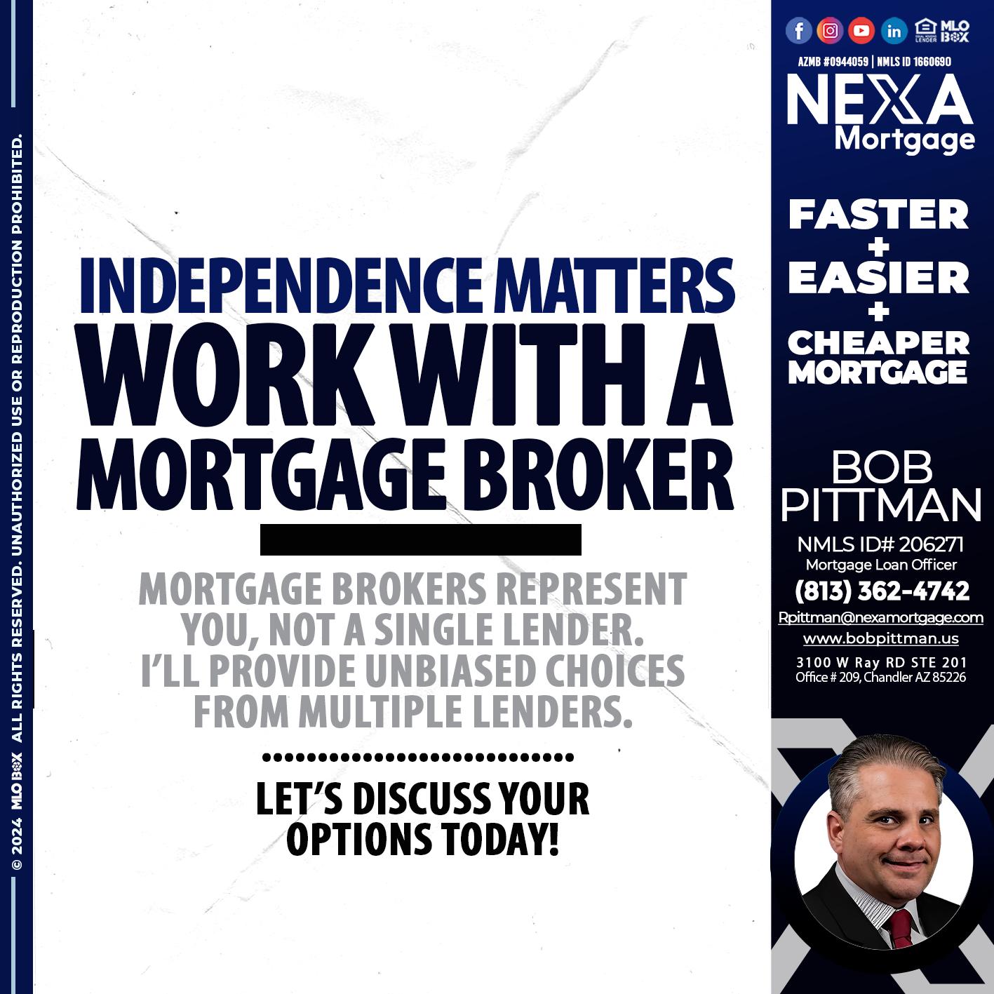 WORK WITH A BROKER - Bob Pittman -Mortgage Loan Officer