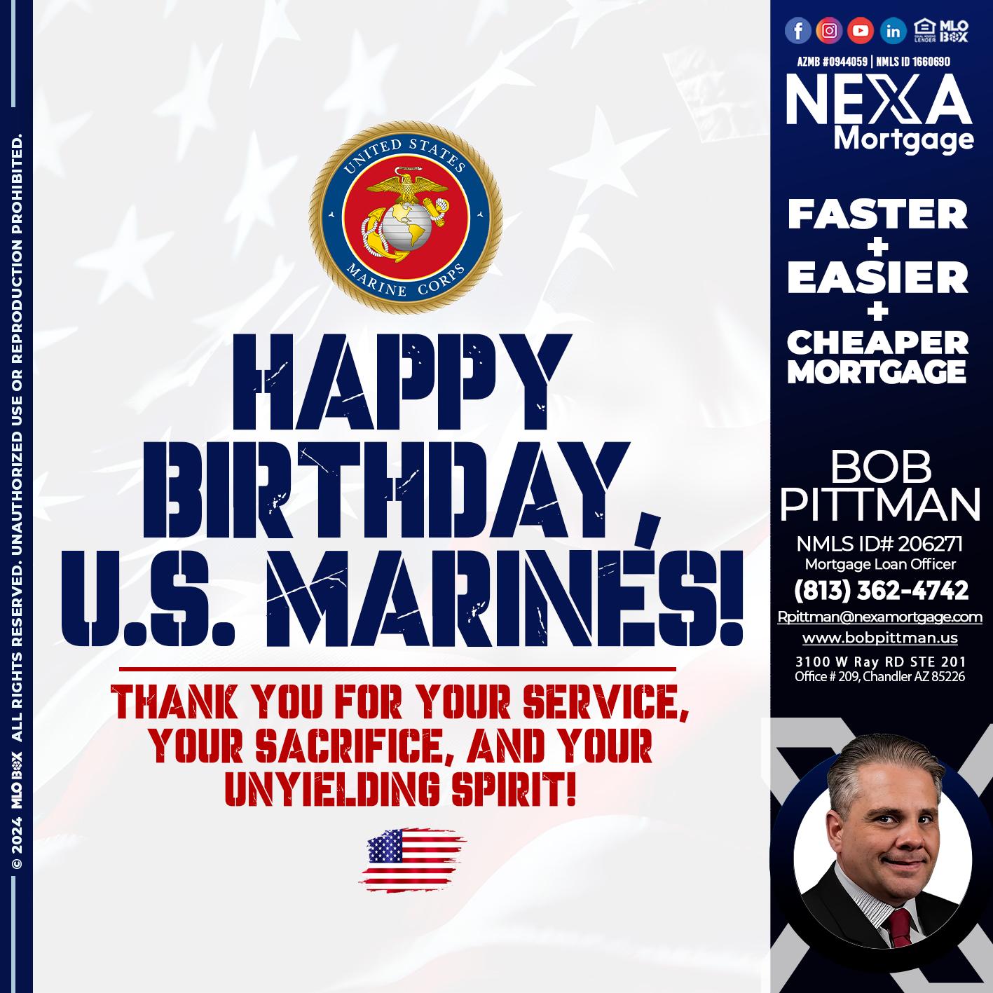 US MARINE BIRTHDAY - Bob Pittman -Mortgage Loan Officer