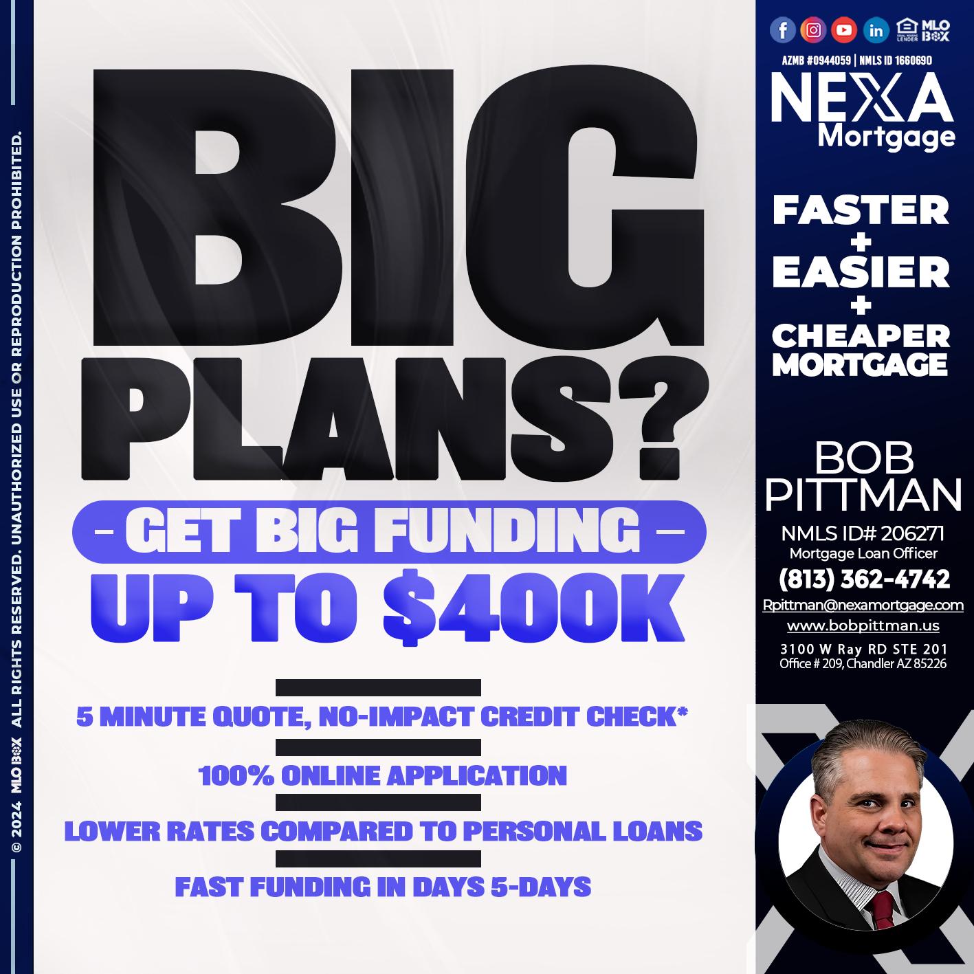 BIG PLANS - Bob Pittman -Mortgage Loan Officer