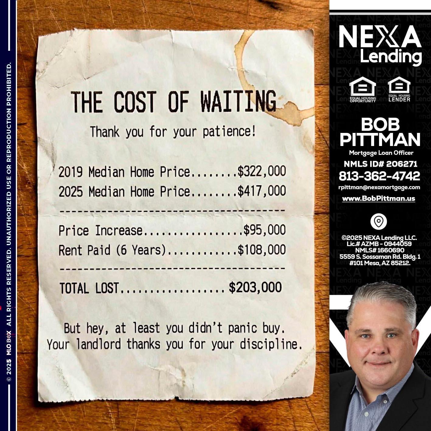 THE COST OF WAITING - Bob Pittman -Mortgage Loan Officer