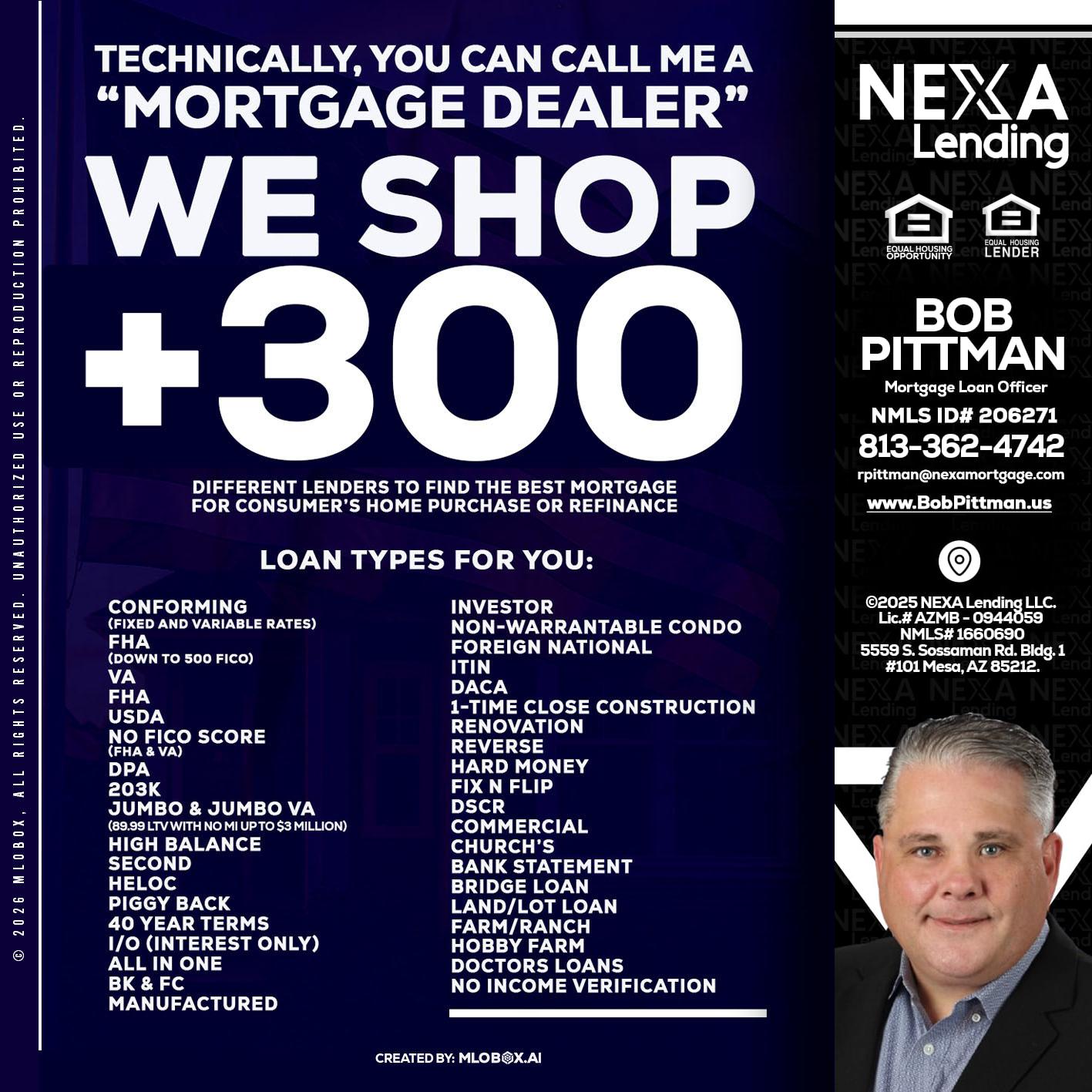 300+ LENDERS - Bob Pittman -Mortgage Loan Officer