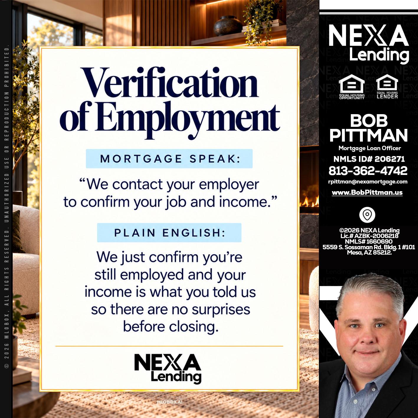 VERIFICATION OF EMPLOYMENT - Bob Pittman -Mortgage Loan Officer