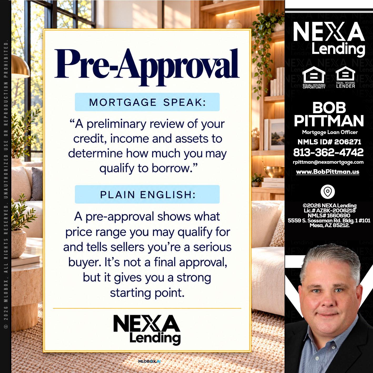 PREAPROVAL - Bob Pittman -Mortgage Loan Officer